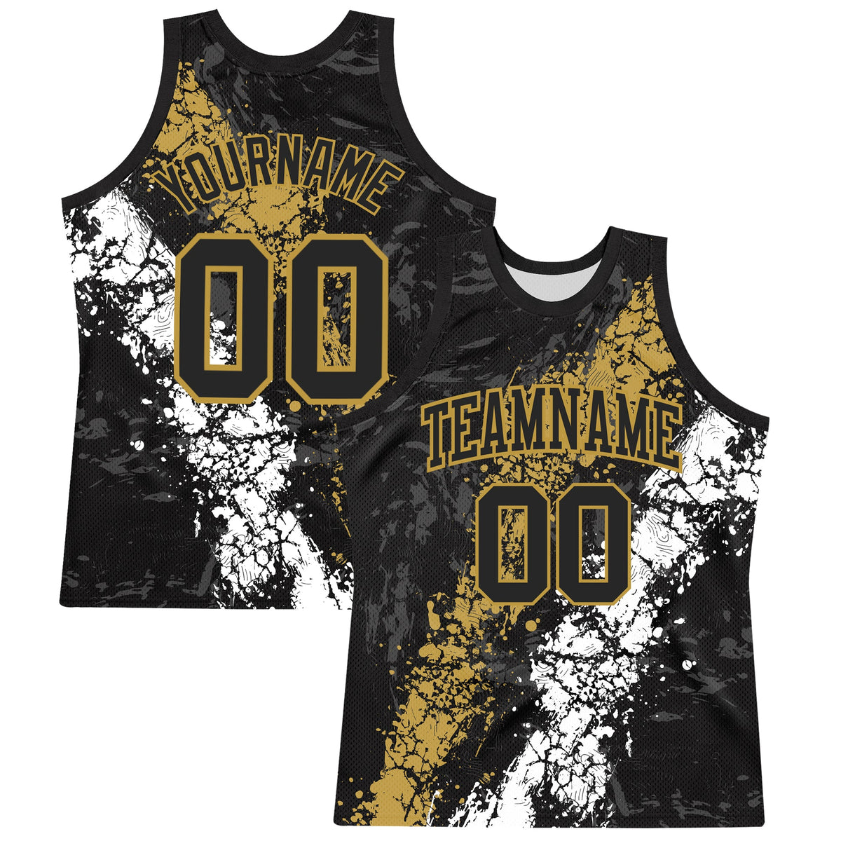 Custom Black Old Gold-White Splash Round Neck Sublimation Basketball Suit Jersey