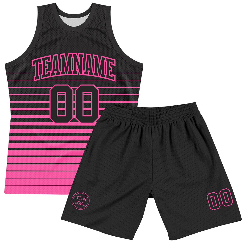 Custom Black Pink Pinstripe Fade Fashion Round Neck Sublimation Basketball Suit Jersey