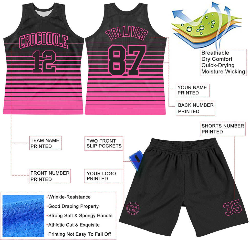 Custom Black Pink Pinstripe Fade Fashion Round Neck Sublimation Basketball Suit Jersey