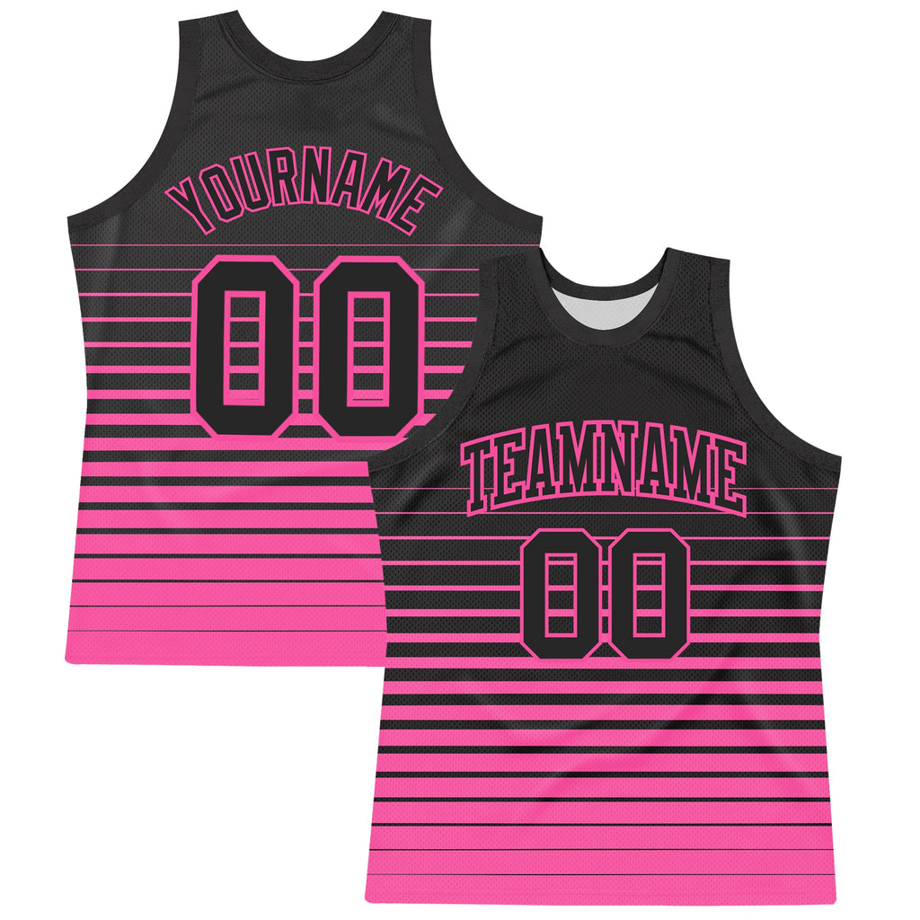 Custom Black Pink Pinstripe Fade Fashion Round Neck Sublimation Basketball Suit Jersey