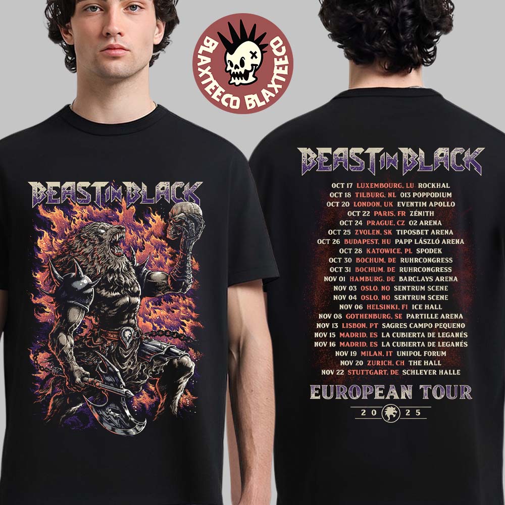 Beast In Black European Tour 2025 Merch Tee Flamming Warrior Beast With Dates Back Two Sided T-Shirt