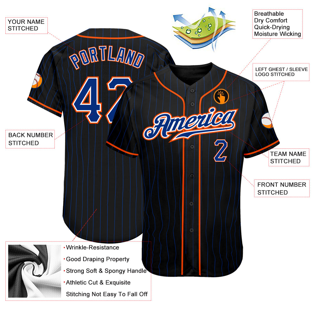 Custom Black Royal Pinstripe Royal-Orange Authentic Baseball Jersey