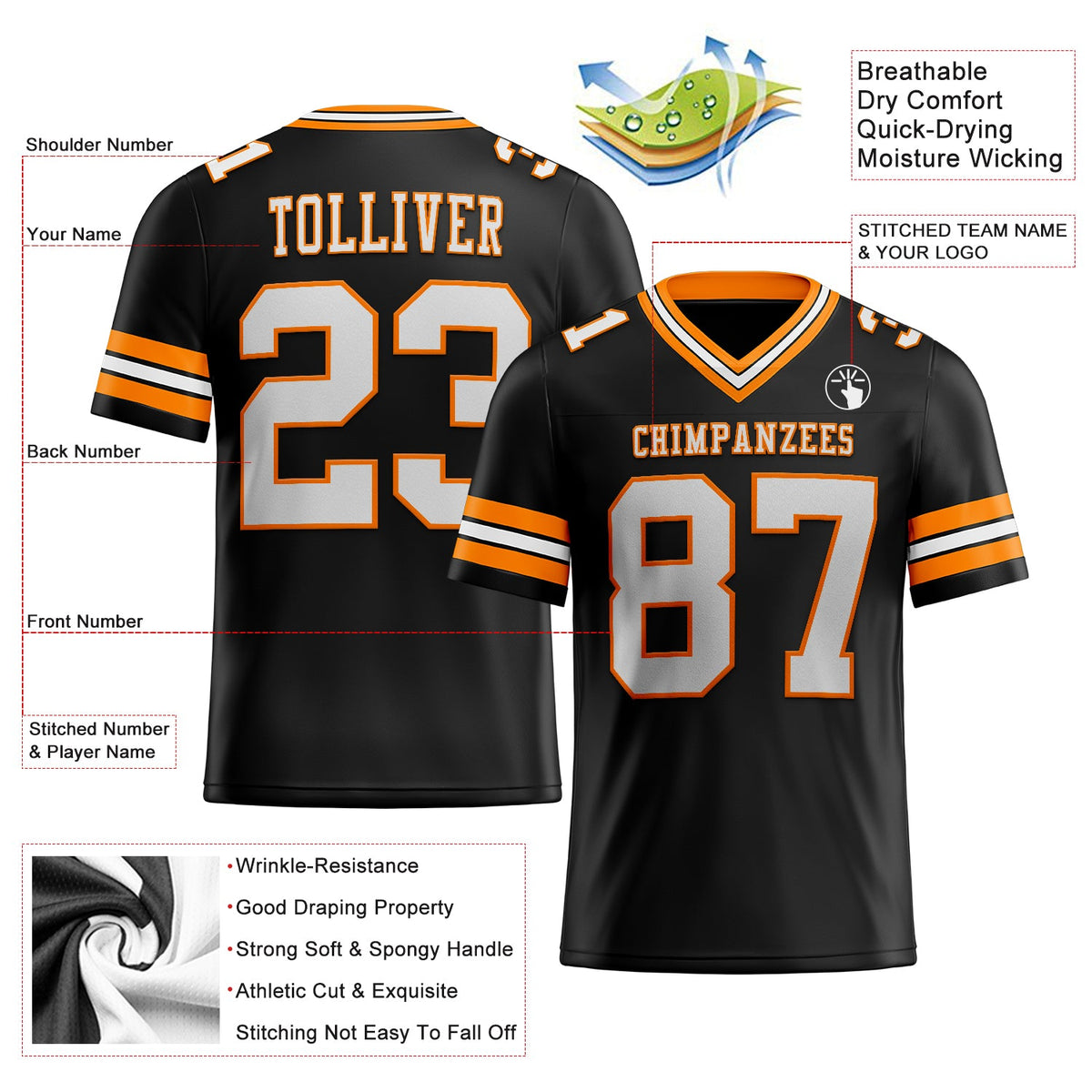 Custom Black White-Bay Orange Authentic Football Jersey