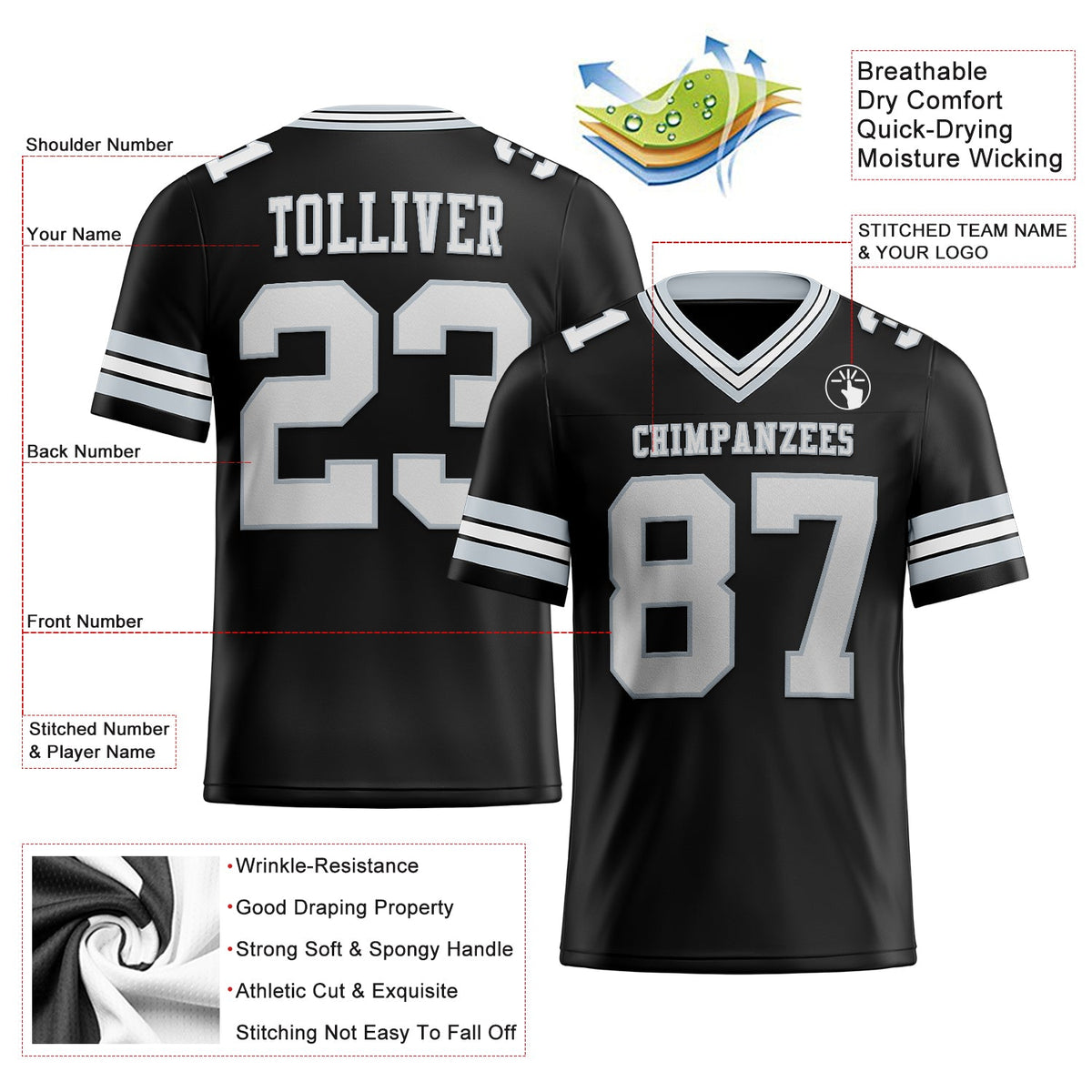 Custom Black White-Silver Authentic Football Jersey