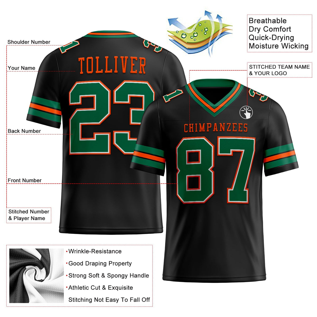 Custom Black Kelly Green-Orange Authentic Football Jersey