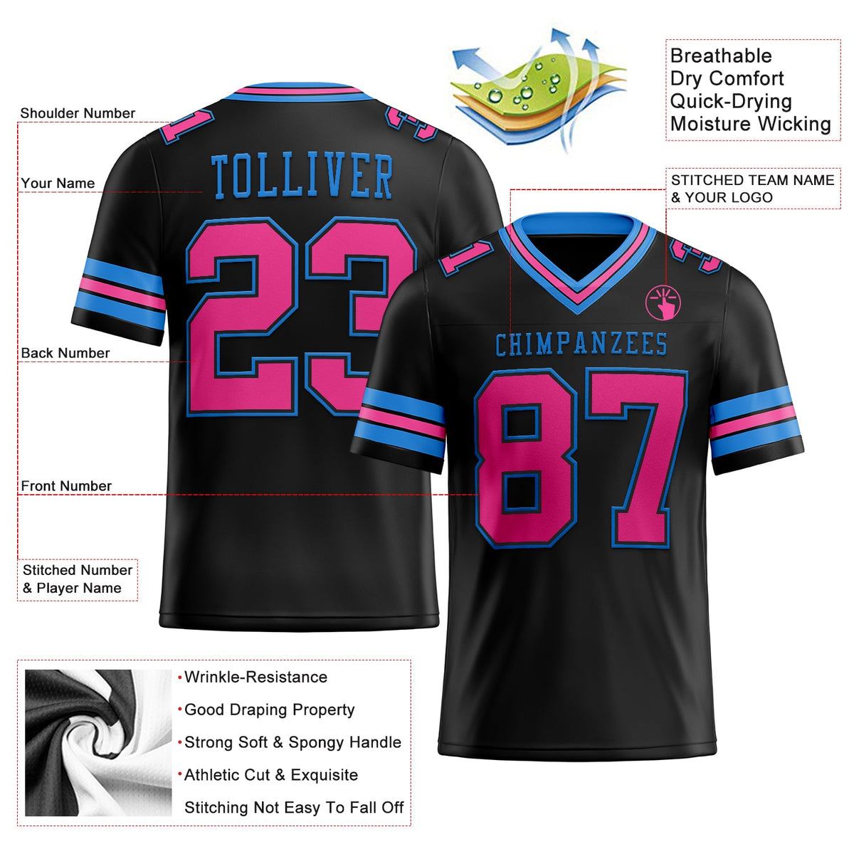 Custom Black Pink-Powder Blue Authentic Football Jersey