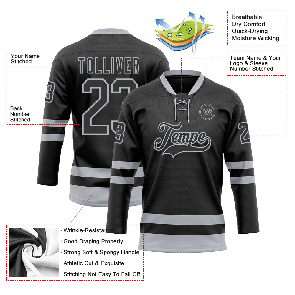 Custom Black Gray Hockey Lace Neck Jersey