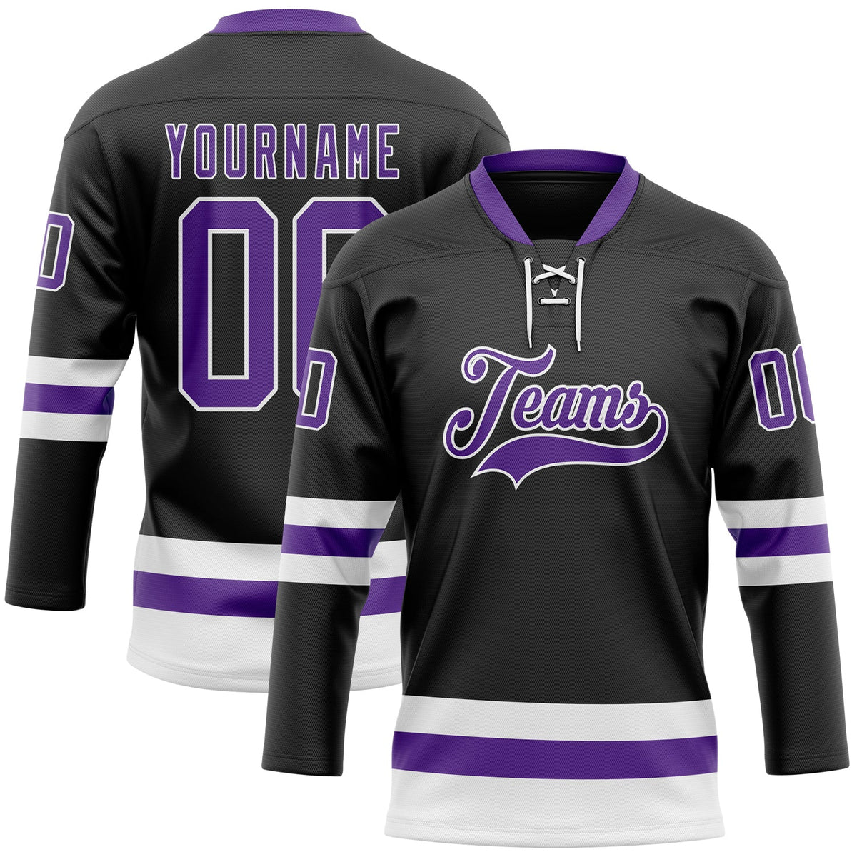 Custom Black Purple-White Hockey Lace Neck Jersey