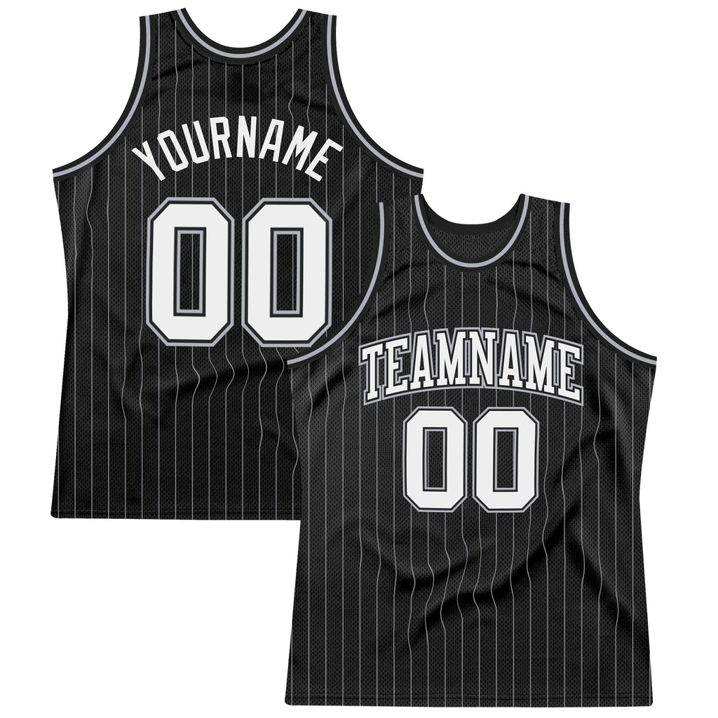 Custom Black Gray Pinstripe White Authentic Basketball Jersey