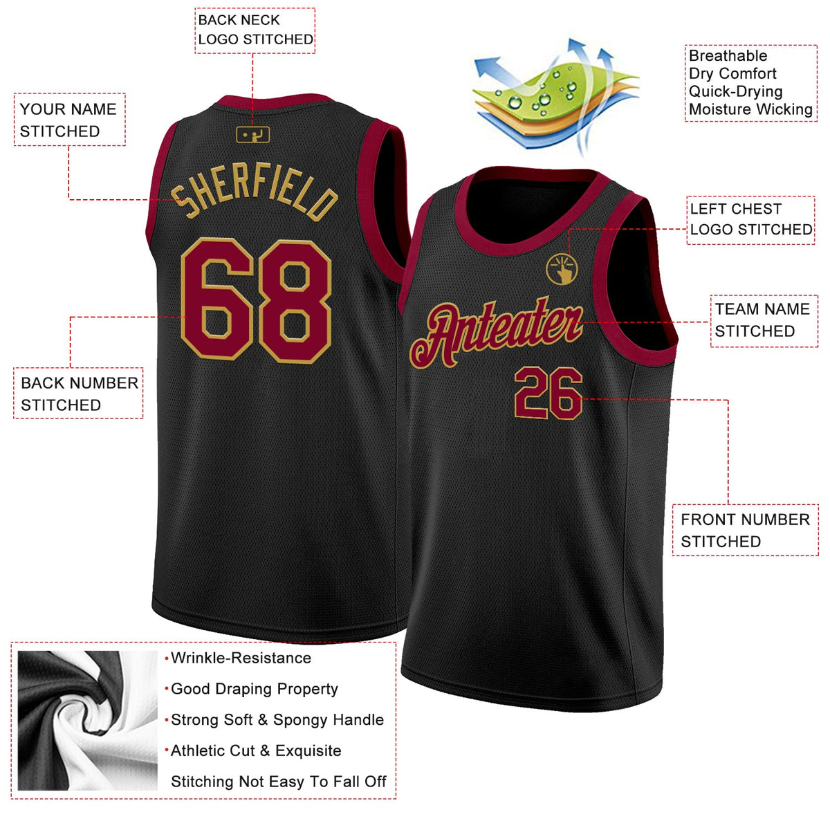 Custom Black Maroon-Old Gold Authentic Basketball Jersey
