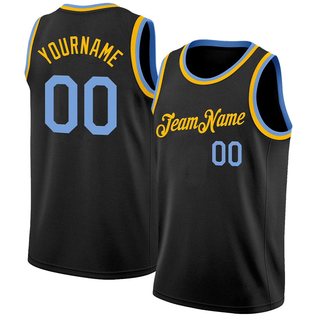Custom Black Light Blue-Gold Authentic Basketball Jersey