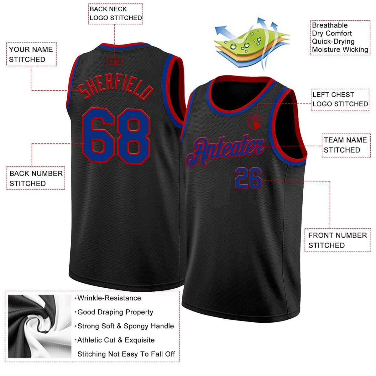 Custom Black Royal-Red Authentic Basketball Jersey