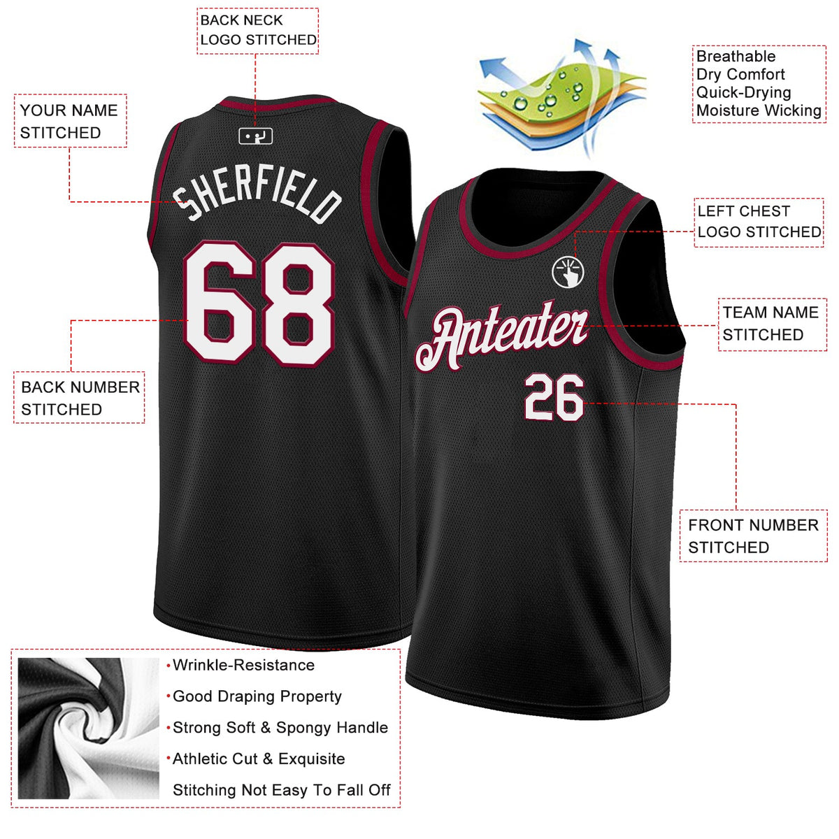Custom Black White-Maroon Authentic Basketball Jersey