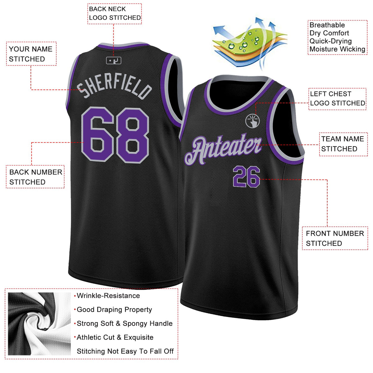 Custom Black Purple-Gray Authentic Basketball Jersey