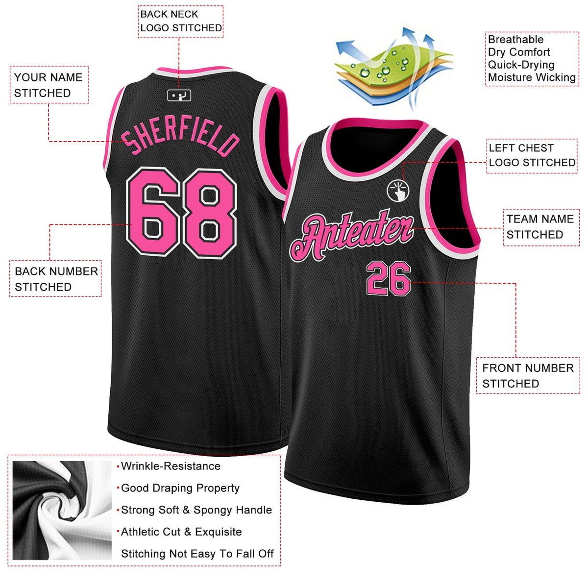 Custom Black Pink-White Authentic Basketball Jersey