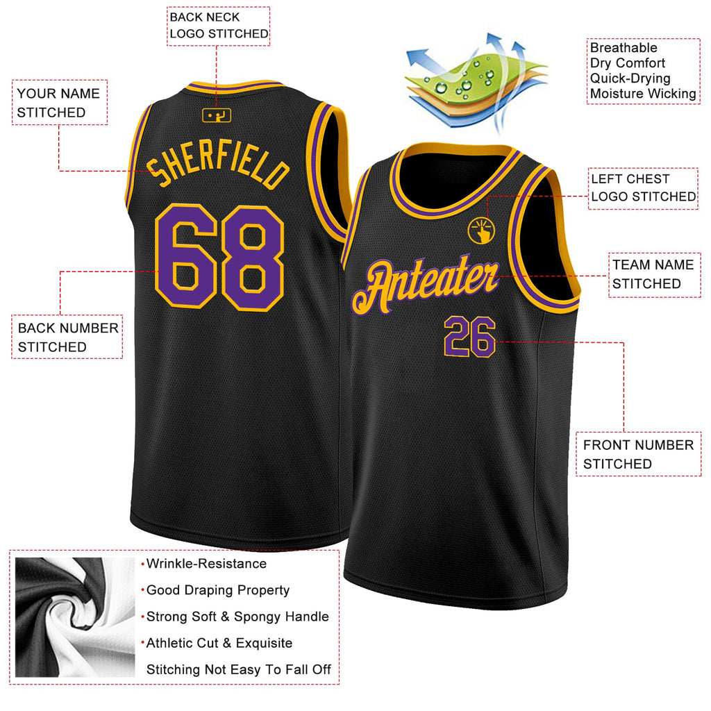 Custom Black Purple-Gold Authentic Basketball Jersey