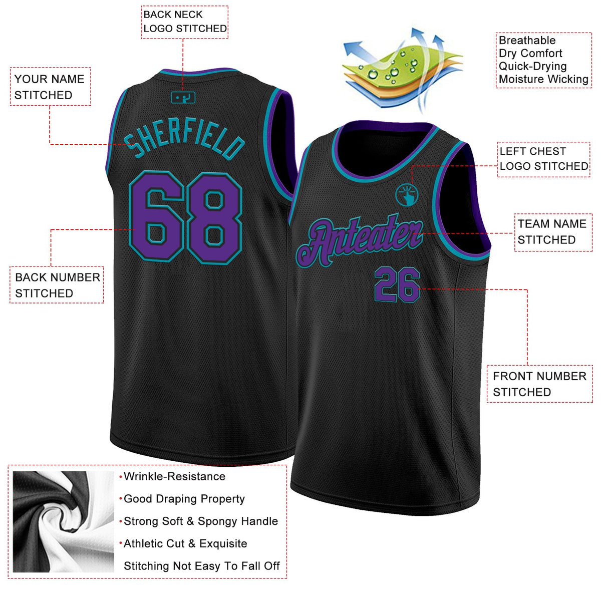 Custom Black Purple-Teal Authentic Basketball Jersey