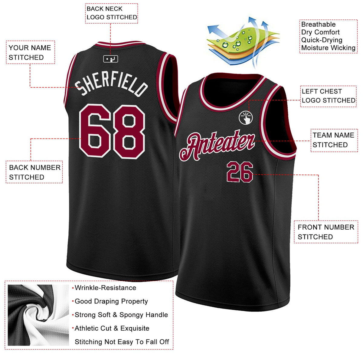 Custom Black Maroon-White Authentic Basketball Jersey