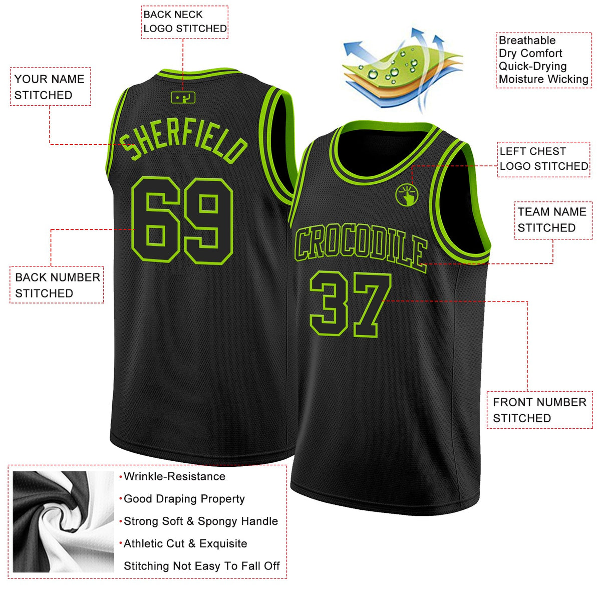 Custom Black Neon Green Authentic Basketball Jersey