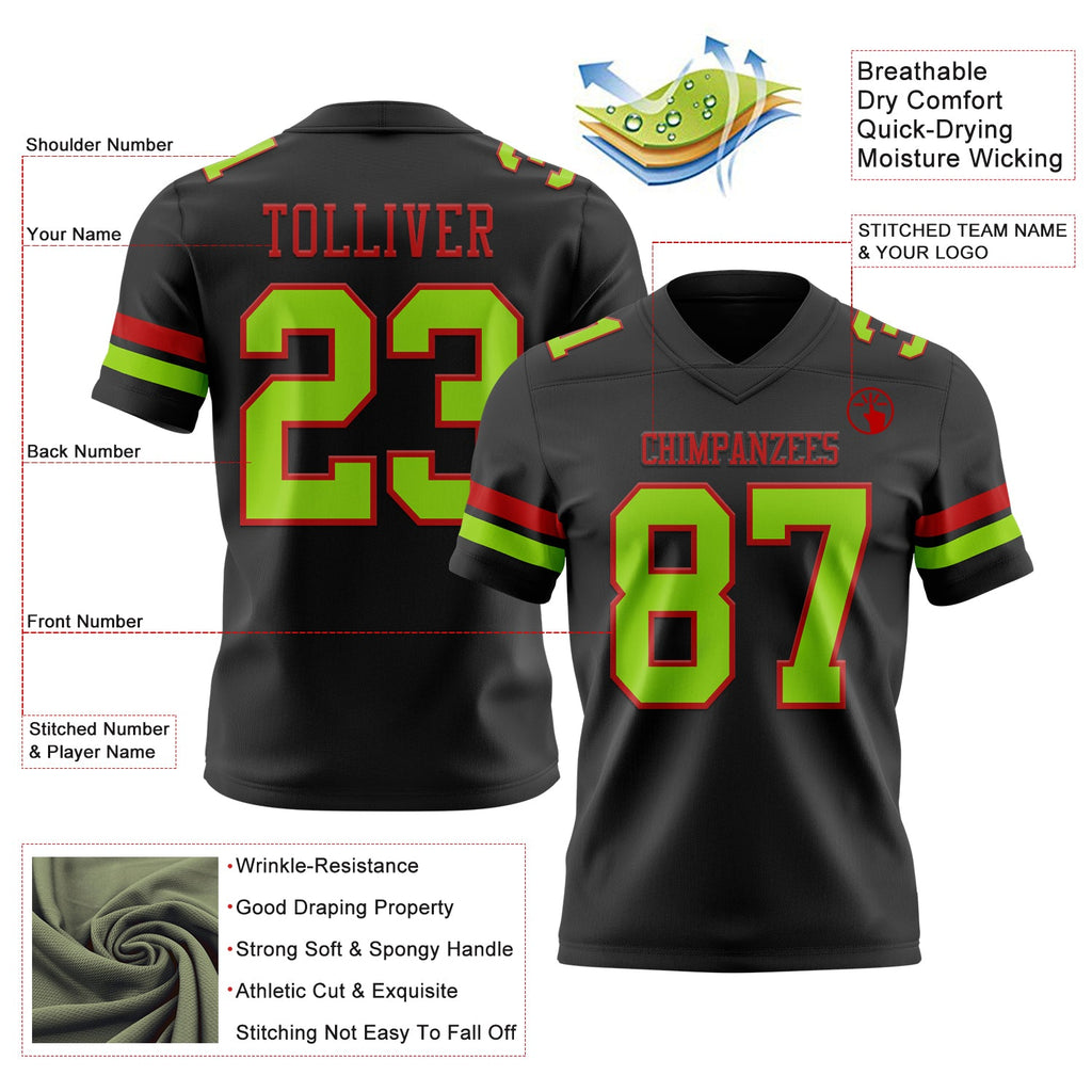 Custom Black Neon Green-Red Authentic Football Jersey