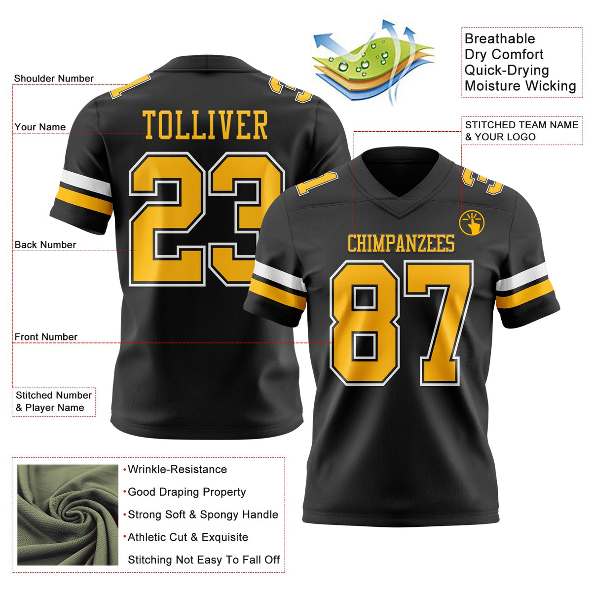 Custom Black Gold-White Authentic Football Jersey
