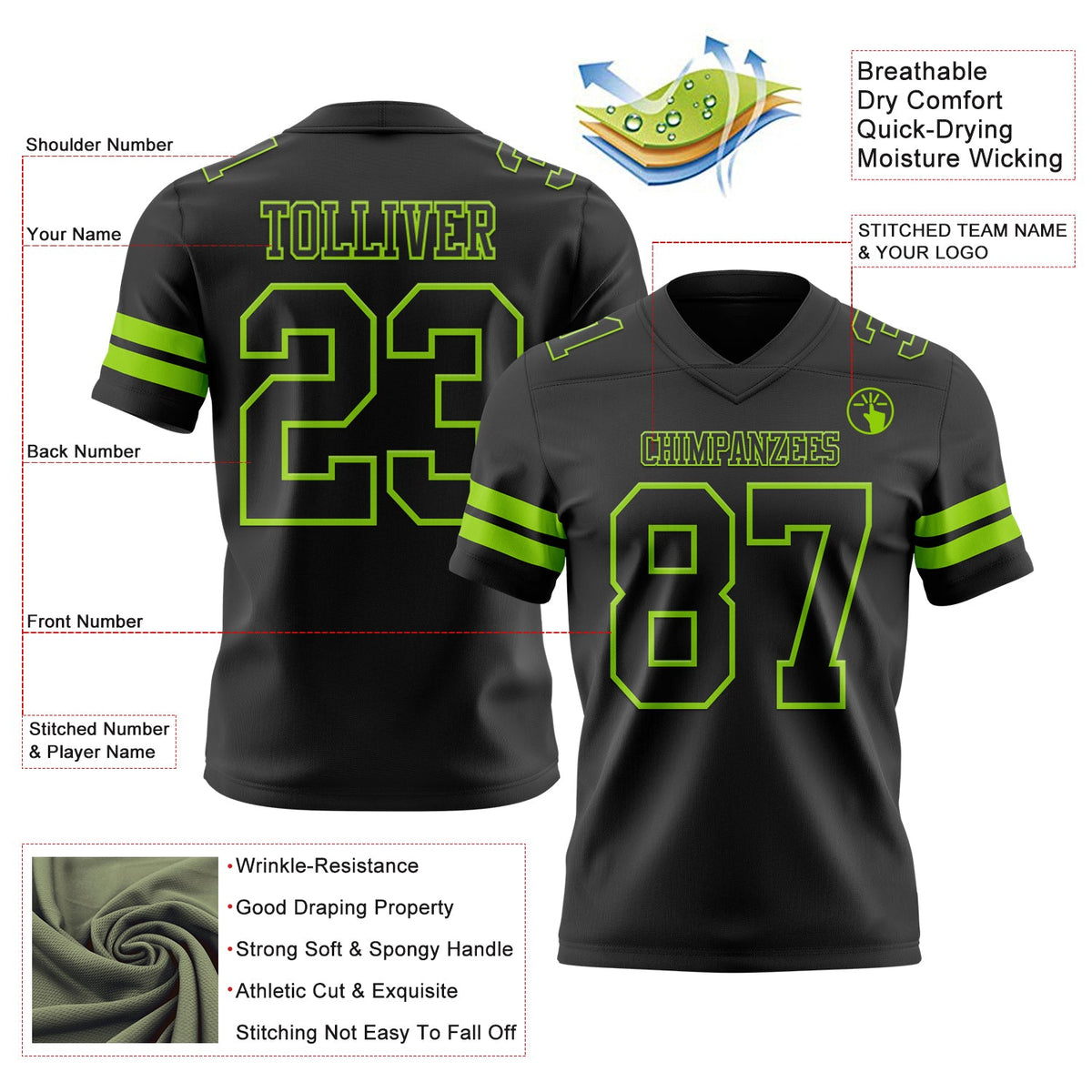 Custom Black Neon Green Authentic Football Jersey