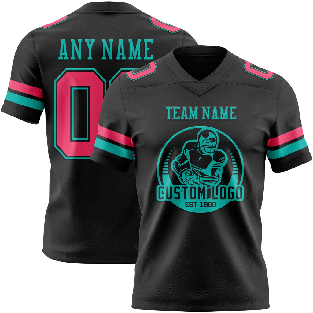 Custom Black Neon Pink-Aqua Authentic Football Jersey