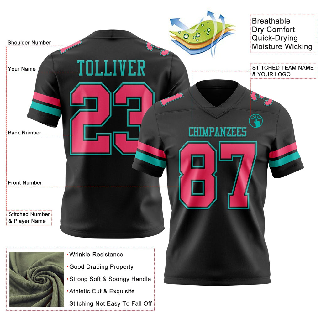 Custom Black Neon Pink-Aqua Authentic Football Jersey