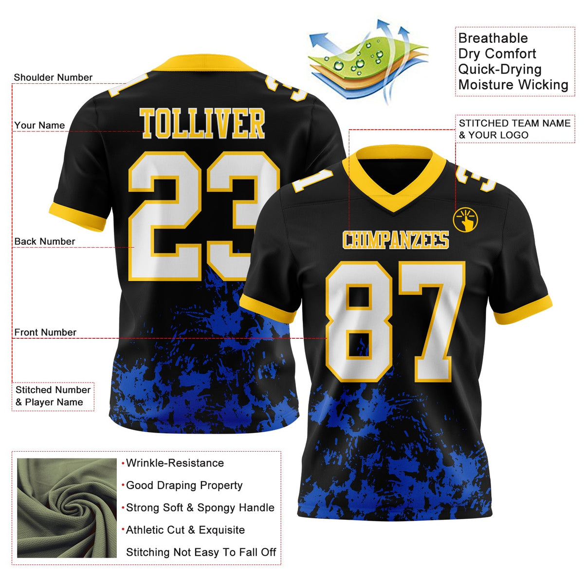 Custom Black White Thunder Blue-Yellow 3D Pattern Splash Authentic Football Jersey