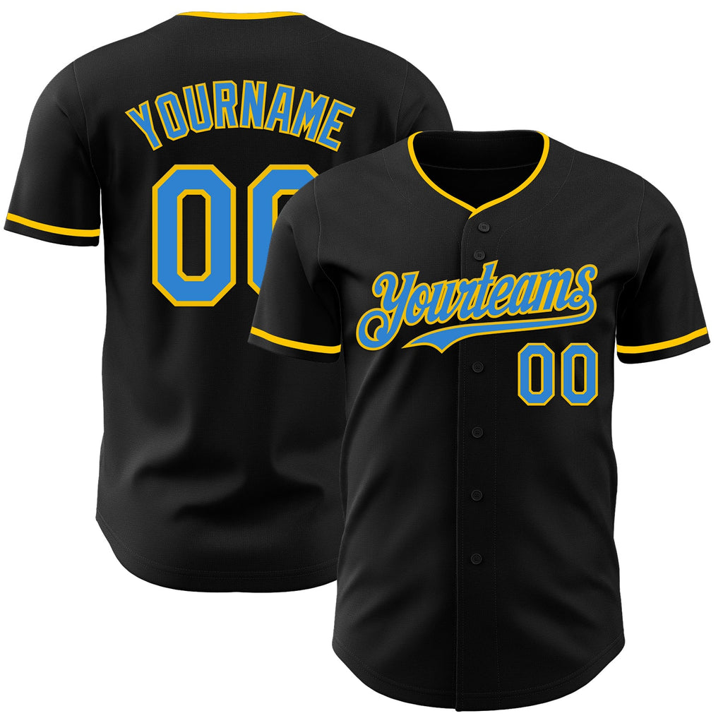 Custom Black Electric Blue-Yellow Authentic Baseball Jersey