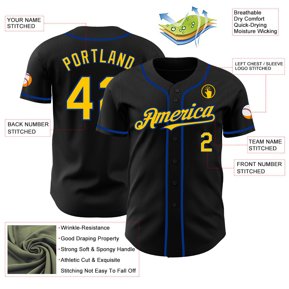 Custom Black Yellow-Royal Authentic Baseball Jersey