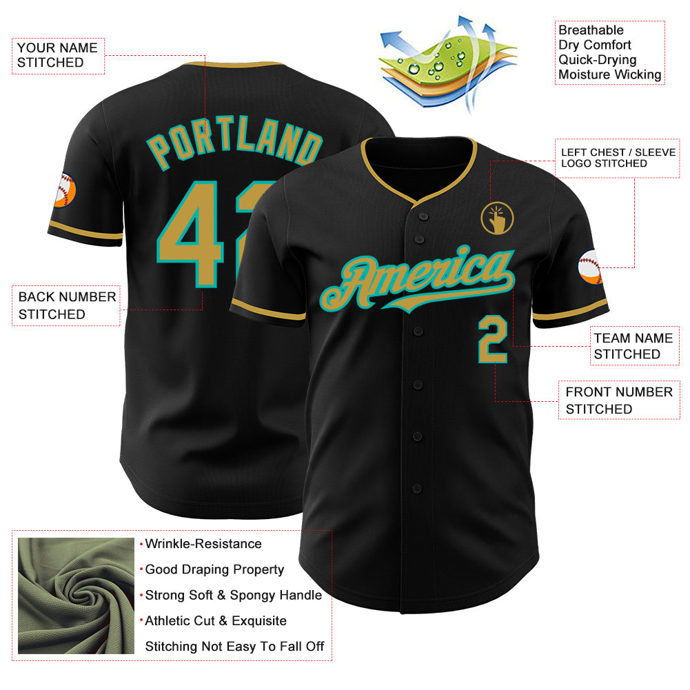 Custom Black Old Gold-Aqua Authentic Baseball Jersey