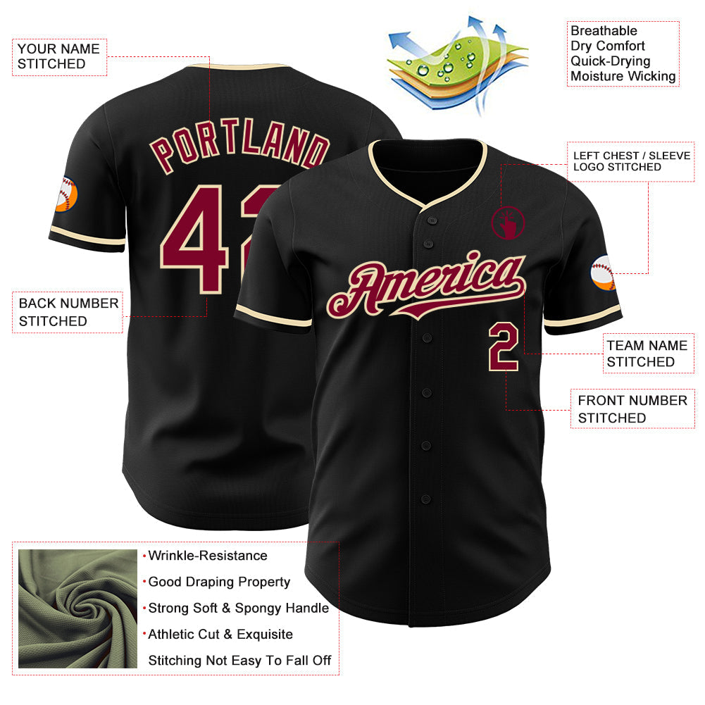 Custom Black Maroon-Cream Authentic Baseball Jersey