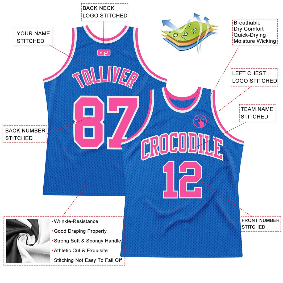Custom Blue Pink-White Authentic Throwback Basketball Jersey