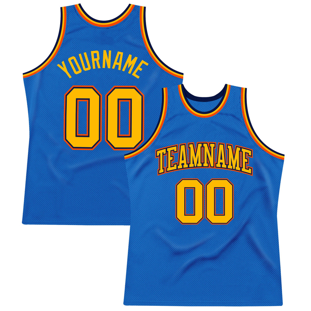 Custom Blue Gold Navy-Orange Authentic Throwback Basketball Jersey