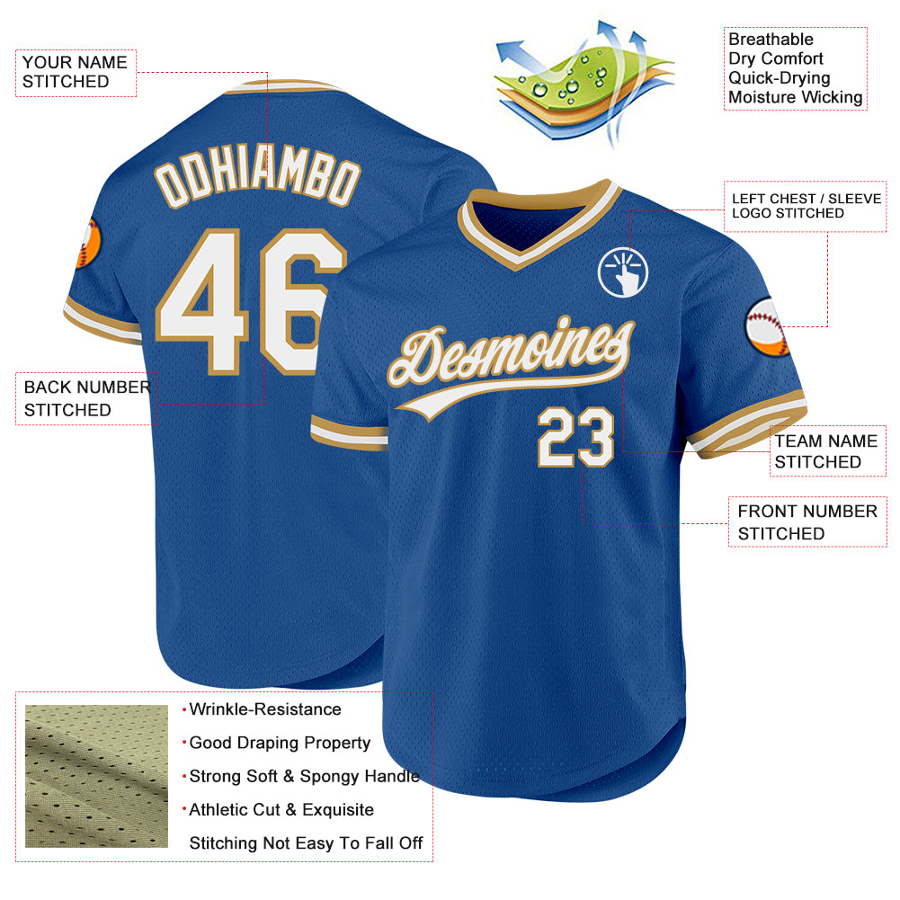 Custom Blue White-Old Gold Authentic Throwback Baseball Jersey