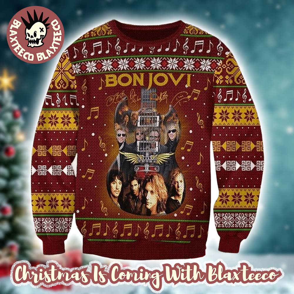 Bon Jovi Band Guitar With Signatures Band Photos Vintage Ugly Christmas Sweater