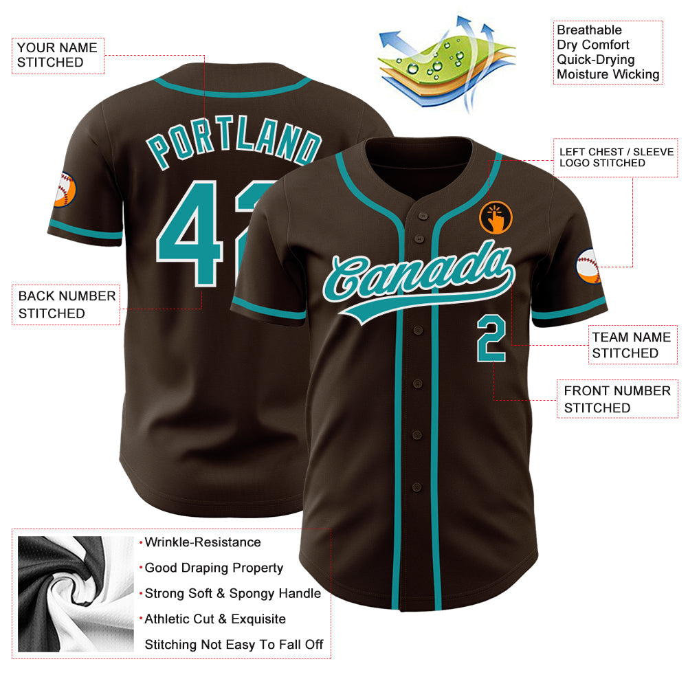 Custom Brown Teal-White Authentic Baseball Jersey