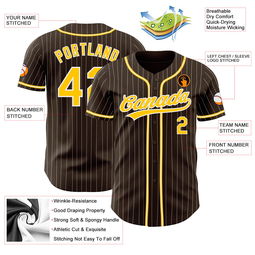 Custom Brown White Pinstripe Gold Authentic Baseball Jersey