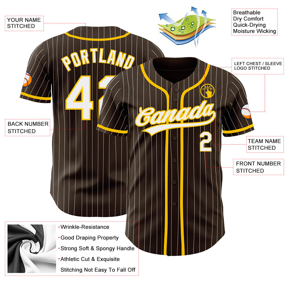 Custom Brown White Pinstripe Yellow Authentic Baseball Jersey
