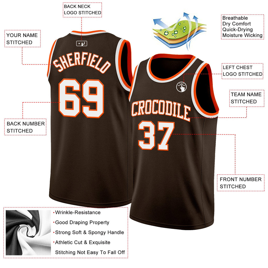 Custom Brown White-Orange Authentic Basketball Jersey