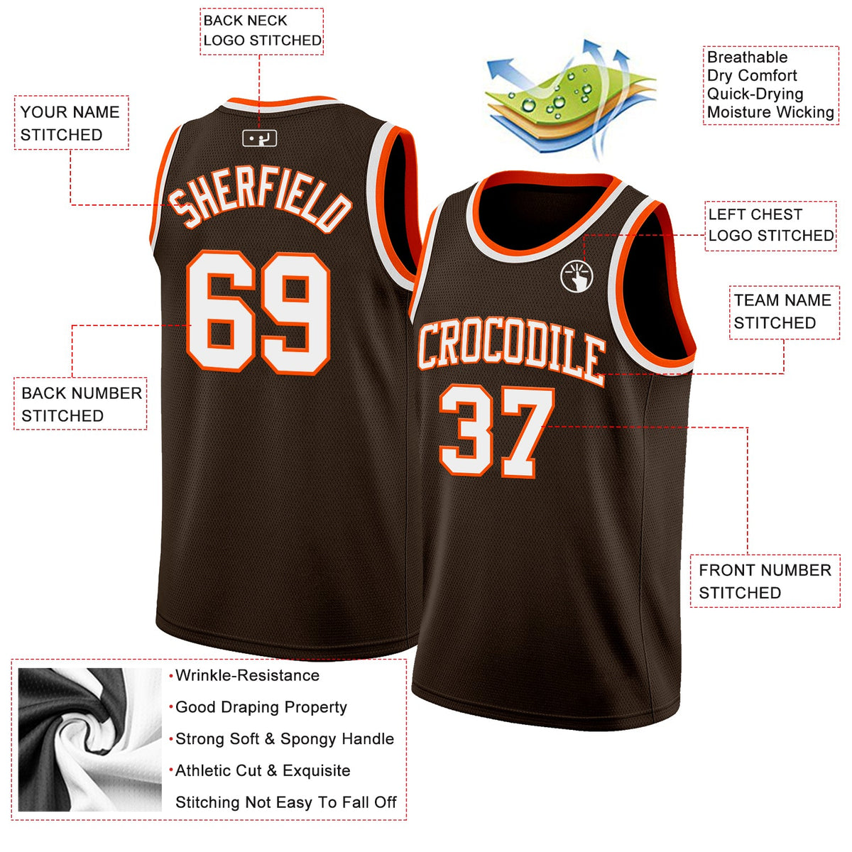 Custom Brown White-Orange Authentic Basketball Jersey