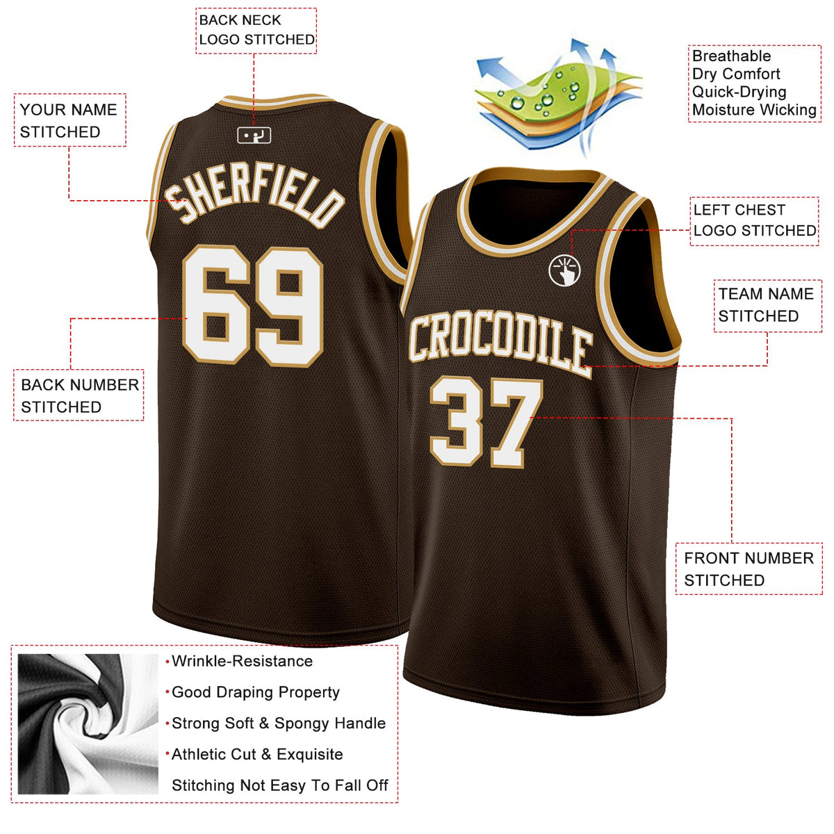 Custom Brown White-Old Gold Authentic Basketball Jersey