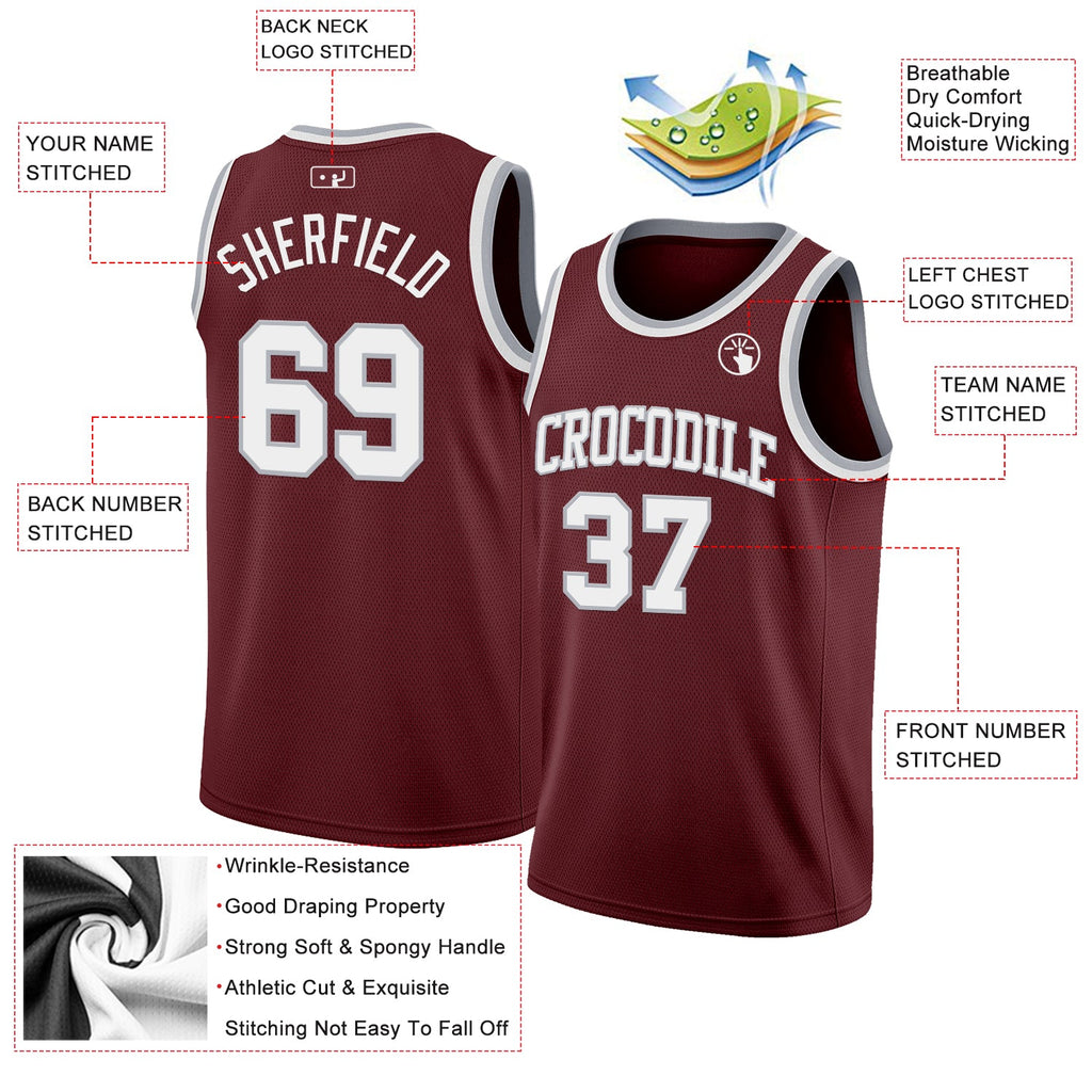 Custom Burgundy White-Gray Authentic Basketball Jersey