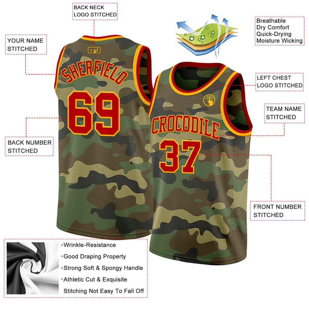 Custom Camo Red-Gold Authentic Salute To Service Basketball Jersey