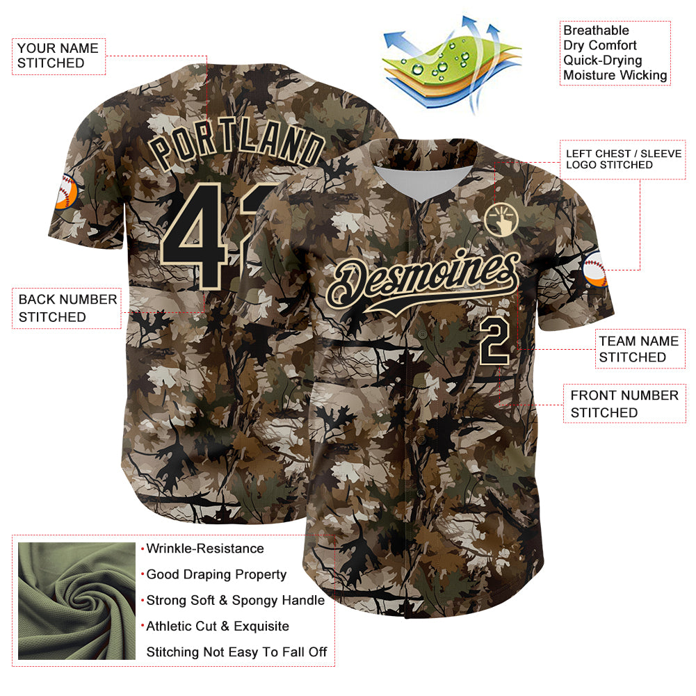 Custom Camo Black-Cream 3D Woodland Camo Authentic Salute To Service Baseball Jersey