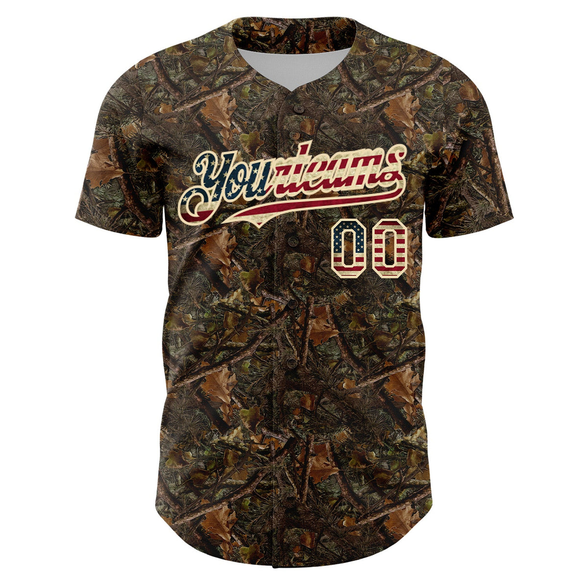 Custom Camo Vintage USA Flag-Cream 3D Woodland Camo Authentic Salute To Service Baseball Jersey