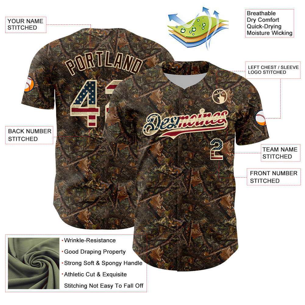 Custom Camo Vintage USA Flag-Cream 3D Woodland Camo Authentic Salute To Service Baseball Jersey