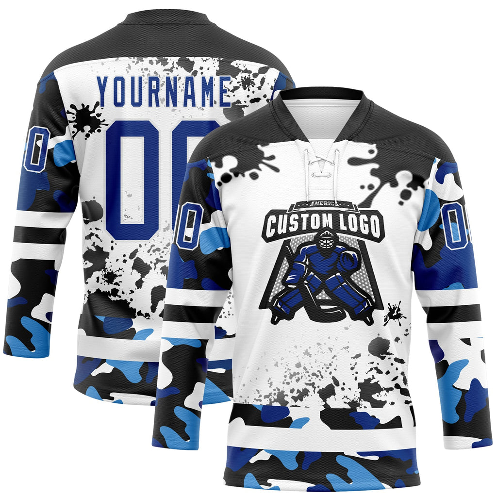 Custom Camo Royal Black-White Splash Hockey Lace Neck Jersey