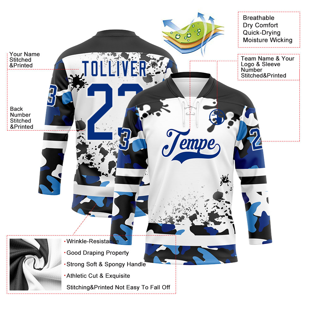 Custom Camo Royal Black-White Splash Hockey Lace Neck Jersey